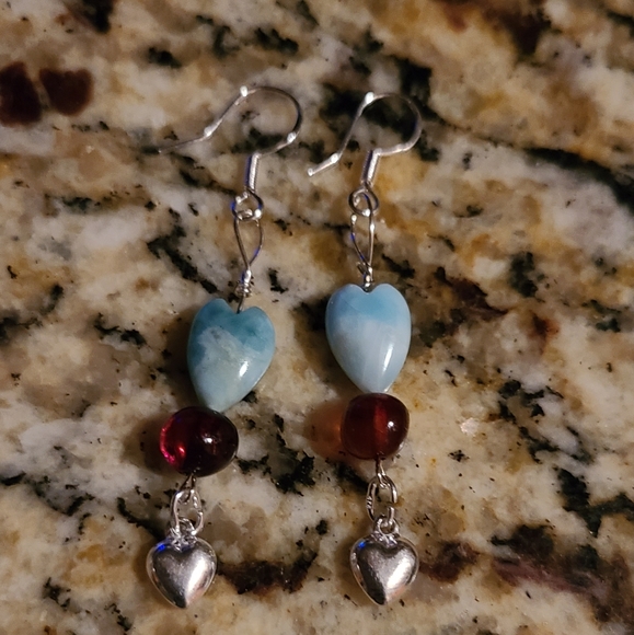New handmade Dominican larimar heart earrings - Picture 3 of 7